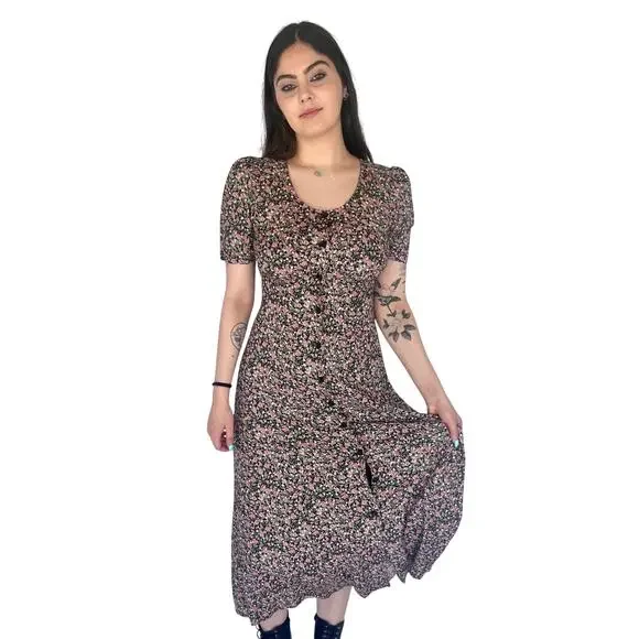 knee length dresses for ladies 90s Black & Pink Floral Midi Dress (S/M) main image 0